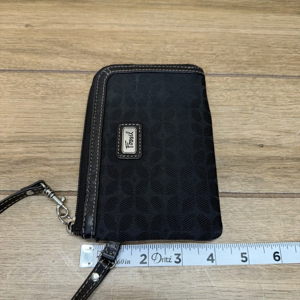 Fossil Black Canvas Wristlet Wallet Jacquard Clutch Key Card Case Zip Around Vtg